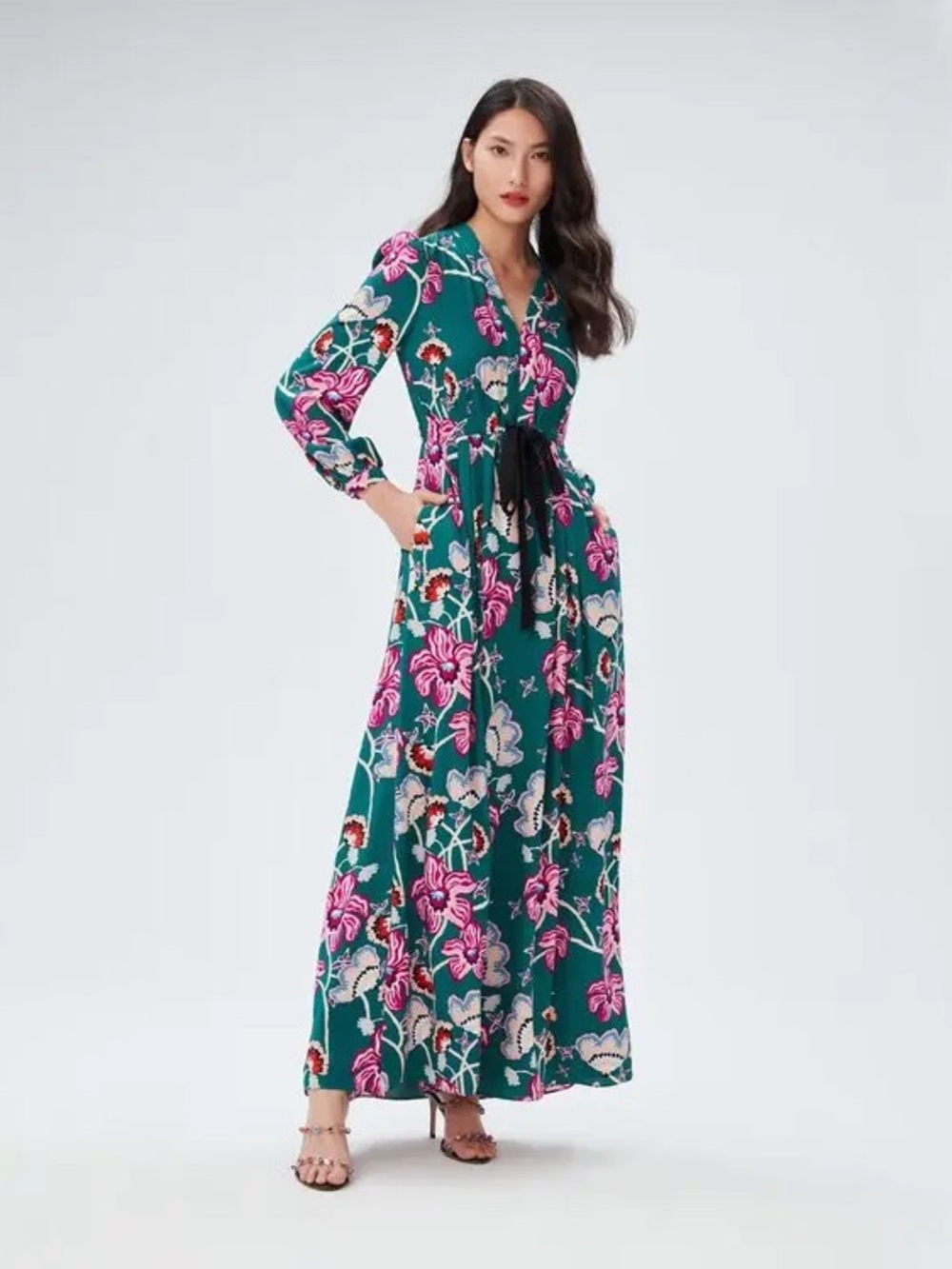 Diane Von Furstenberg Lilo Dress Teal Maxi Dress with Pink Floral Print size 6/8